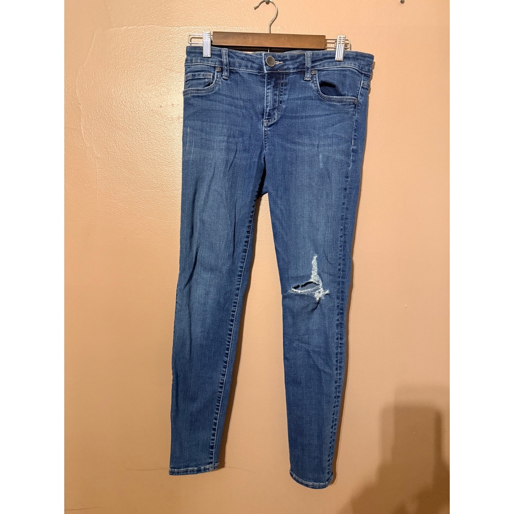 KUT from the Kloth 4 Blue Toothpick Skinny Jeans Distressed Cotton Blend Denim